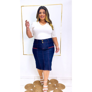 Saia Jeans Midi Plus Size Bia com Elastano – Cintura Alta, Detalhe Vermelho, Tamanhos 40 ao 52