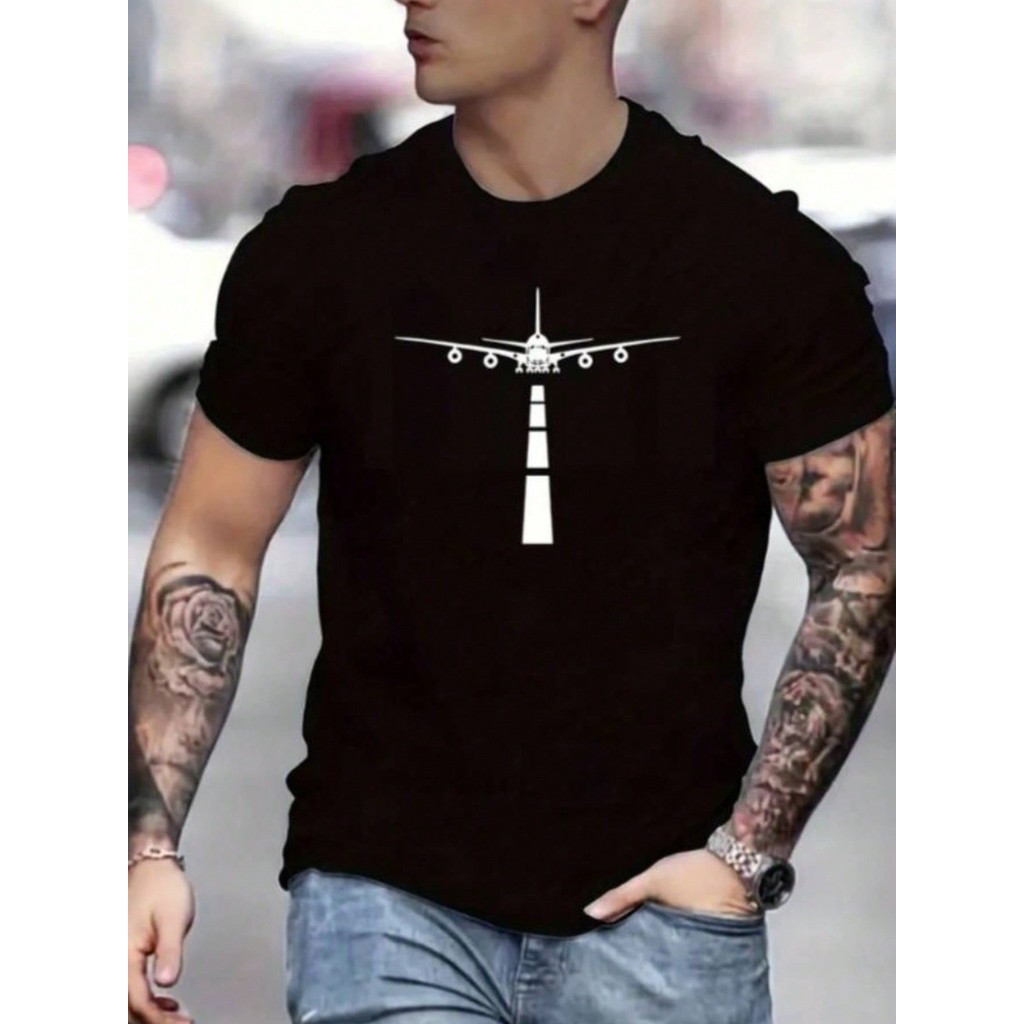 Camiseta Masculina De Gola Redonda Com Estampa De Aeroporto E Avião Blusa Casual De Manga Curta 100% Algodão Lançamento