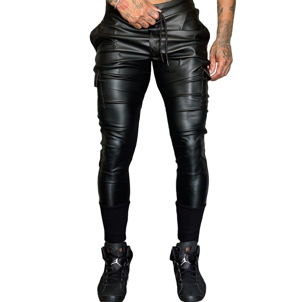 Calça Lacapa Preta Courino Black Slim Fit Streetwear Jogger Resinada Corino Masculina