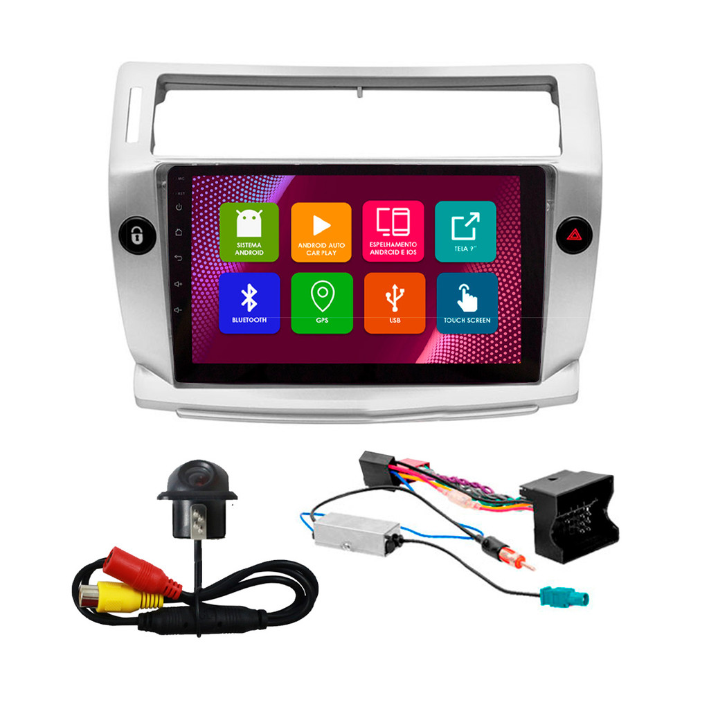 Kit Multimídia 9 Pol C4 Pallas 2008 2009 2010 2011 12 13 2014 2015 2016 Android 2Gb Ram 32Gb Flash Quad-Core 2 Din Prata