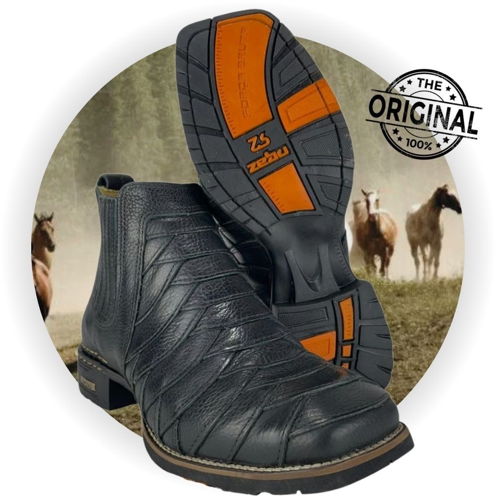 Botina Country Masculina Zebu Original Couro Floater Preto Escamado Bico Quadrado
