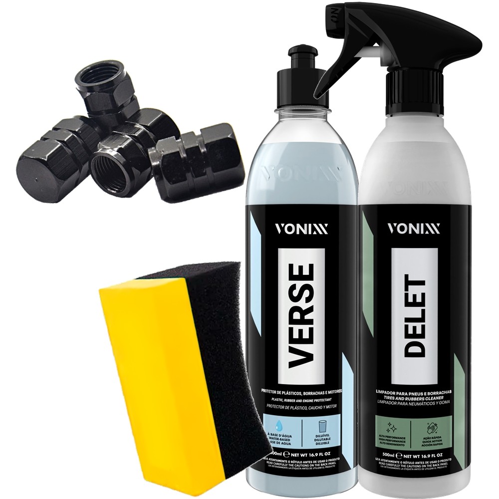 Kit Vonixx Verse Delet 500ml Limpa Plasticos Borrachas Revitalizador Tampa Valvula Preta Aplicador Pneu Karbox Oferta