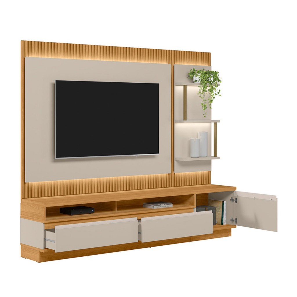 Detalhes do Rack com Painel para TV Até 70 Polegadas São Paulo 2 Gavetas 1 Porta Ripado com Led Tauari/Off White Fosco - Linea Brasil