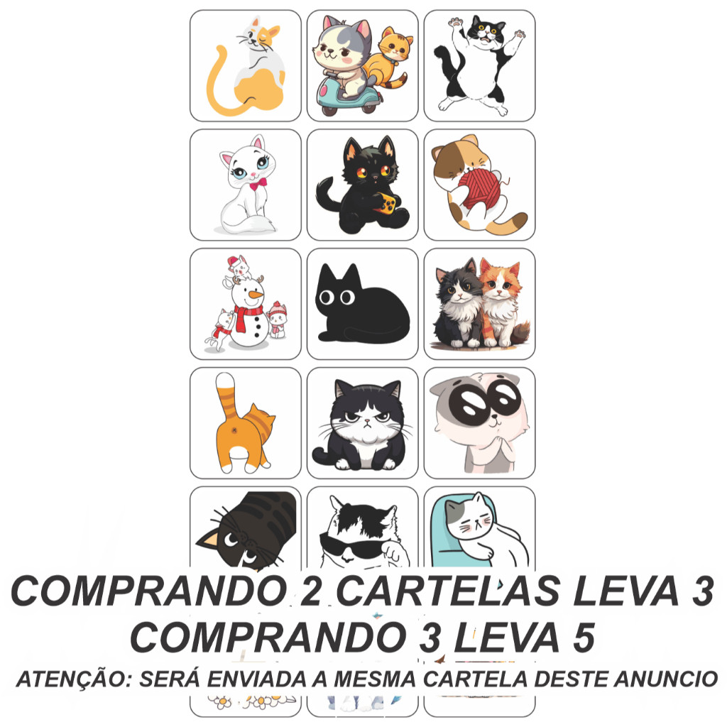 Cartela de Adesivos 18 Unidades de 3,8x3,8 cm Gato Garinho  Prova de Água Cores Vibrantes e Alta Durabilidade  Ideal para Tags Etiquetas Rótulos Brindes de Aniversário Lembrancinhas lembrança Lacres Cadernos Celulares Tubetes Latinhas Saquinhos brinde