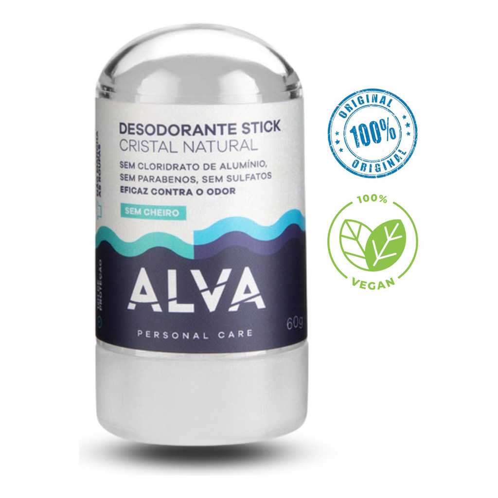 Desodorante Alva Stick Vegano 60g Natural Cristal Proteção até 12H Não Escurece e Não Mancha a Roupa