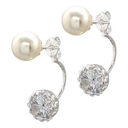 Brinco Folheado A Prata Pérola E Zircônia 8mm Grace Kelly
