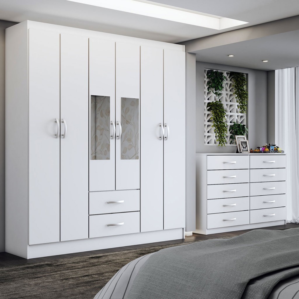 Guarda-Roupa Casal Melanie 6 Portas 2 Gavetas e Espelho com Cômoda 10 Gavetas Branco - Panorama Móveis em Oferta na Shopee