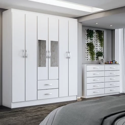 Guarda-Roupa Casal Melanie 6 Portas 2 Gavetas e Espelho com Cômoda 10 Gavetas Branco - Panorama Móveis