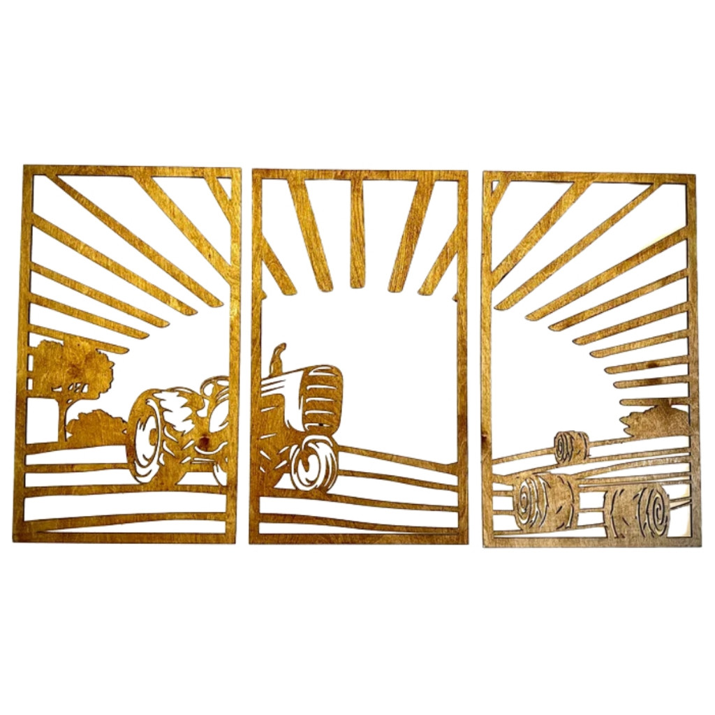 Conjunto 3 Quadros Fazenda Trator Feno Fazenda Interior Em MDF 3mm Cru 80cm x 40cm