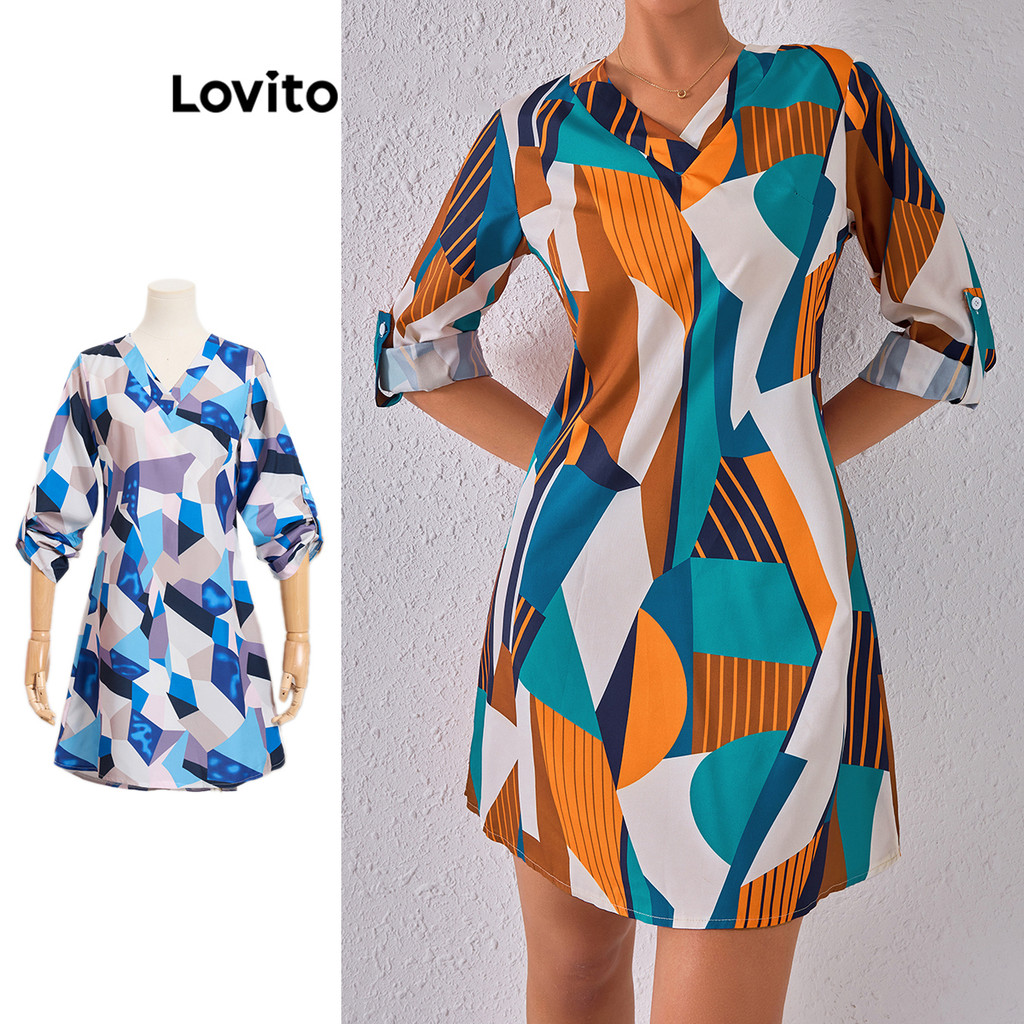 Lovito Vestido elegante Loose com frente dividida geométrica para mulheres LBL14352 - Women Clothes