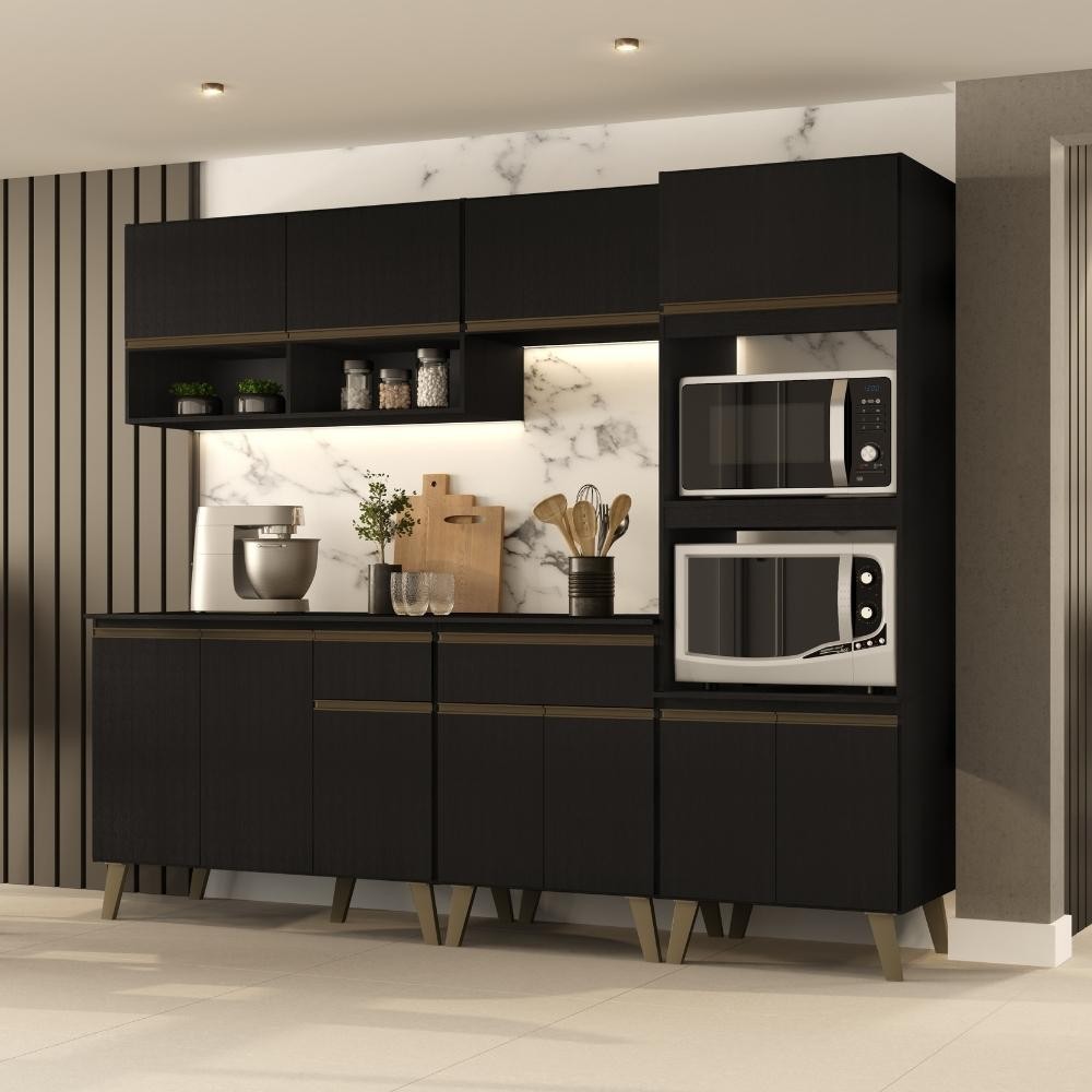 Armário de Cozinha Completa Atlanta Studio Preto Touch em Oferta na Shopee