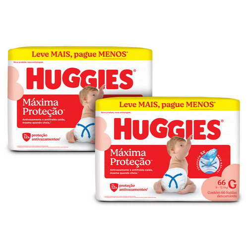 Kit 2 - Huggies Fralda Descartável Máxima Proteção G - 66 Un