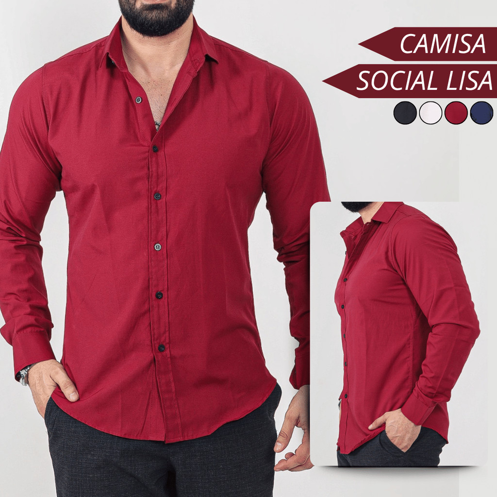 Camisa Social Masculina Slim Lisa Básica Manga Longa Uniforme Fardamento Casual Festa Elegante