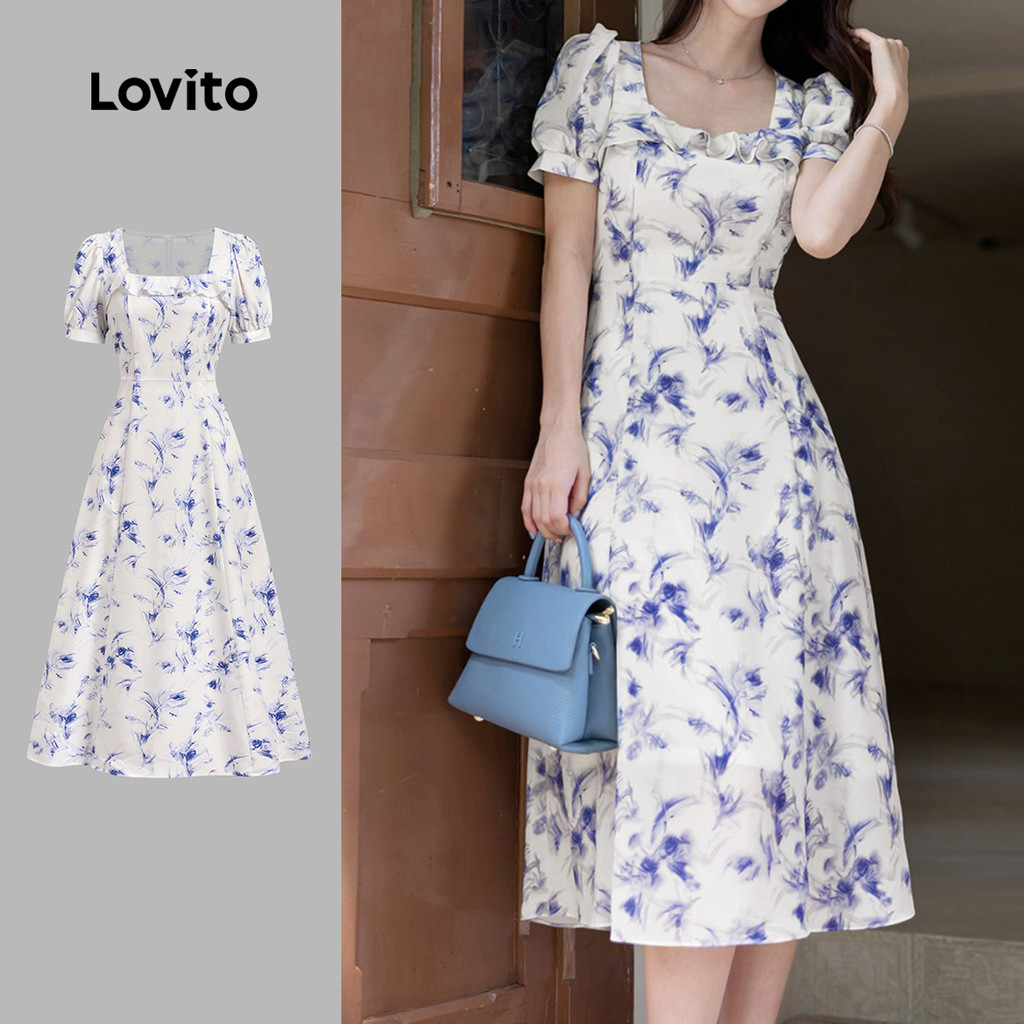 Lovito Vestido Elegante com Babado Laço e Textura Suave Ao Tato Vestido Primavera/verão para Mulheres LBL26501 - Women Clothes