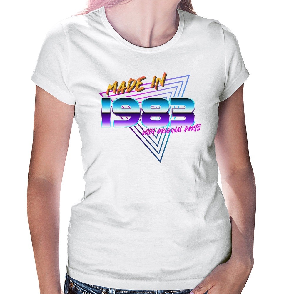 Camiseta T-shirt Algodão 30.1 Baby Look Made In 1983 Retrowave Futurista Geração dos Anos 80 Camisa Feminina Premium Env