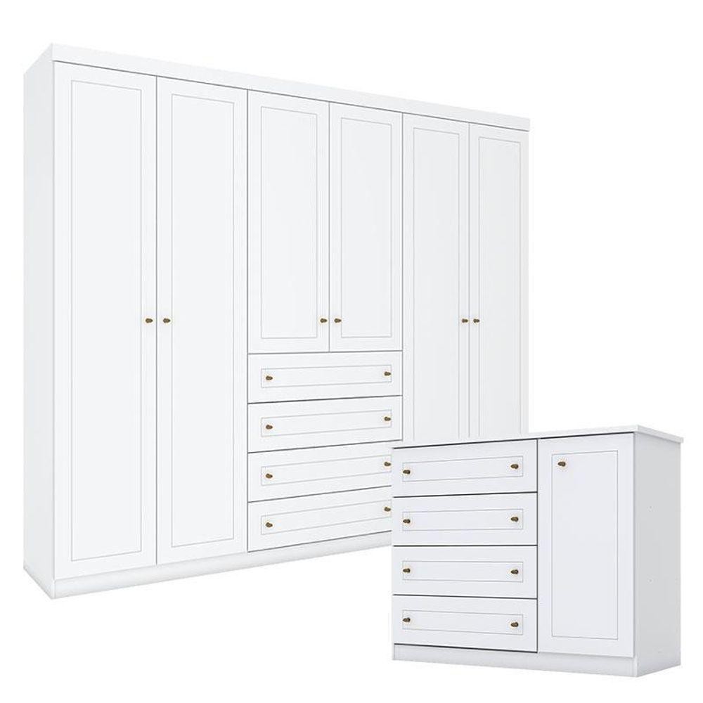 Cômoda E Guarda Roupa Casal 6 Portas Americano Branco Hp – Henn