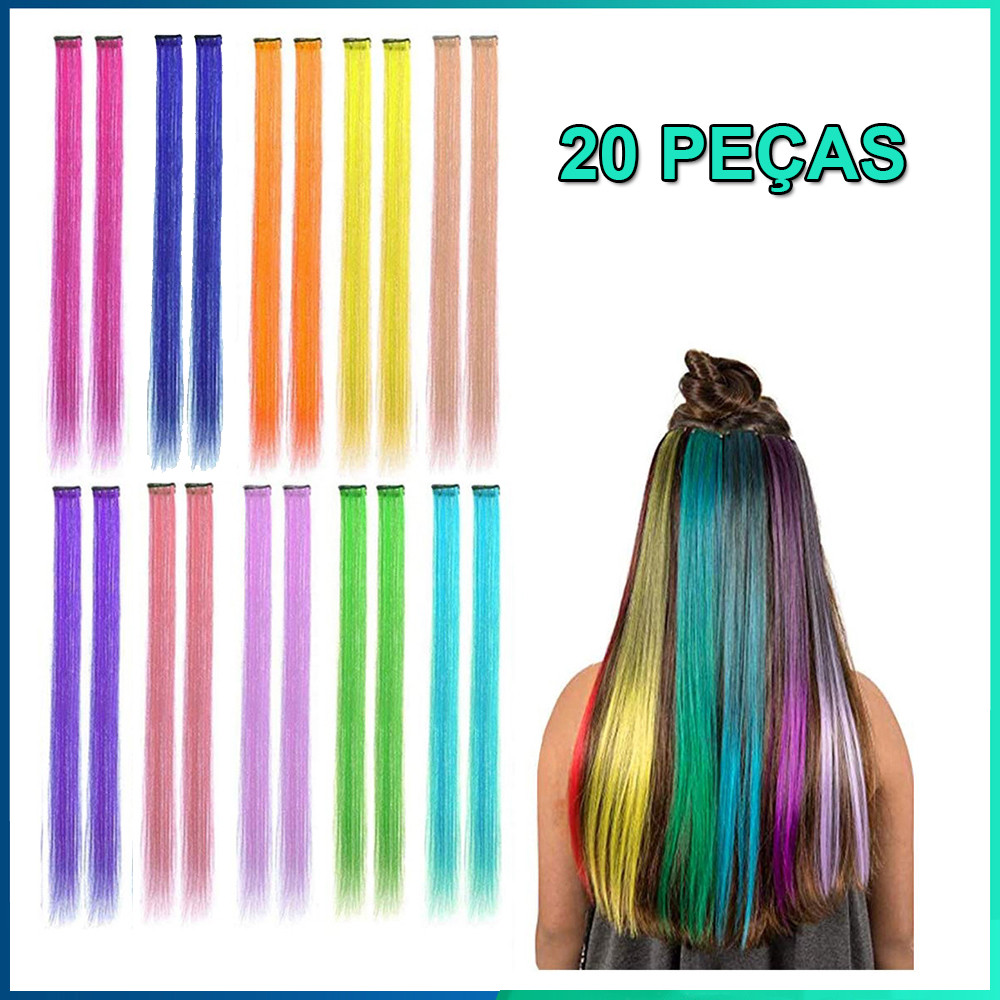20 Mechas De Cabelo Coloridas  Tic Tac Mechas de Cabelo Tic Tac Aplique Colorido 55cm