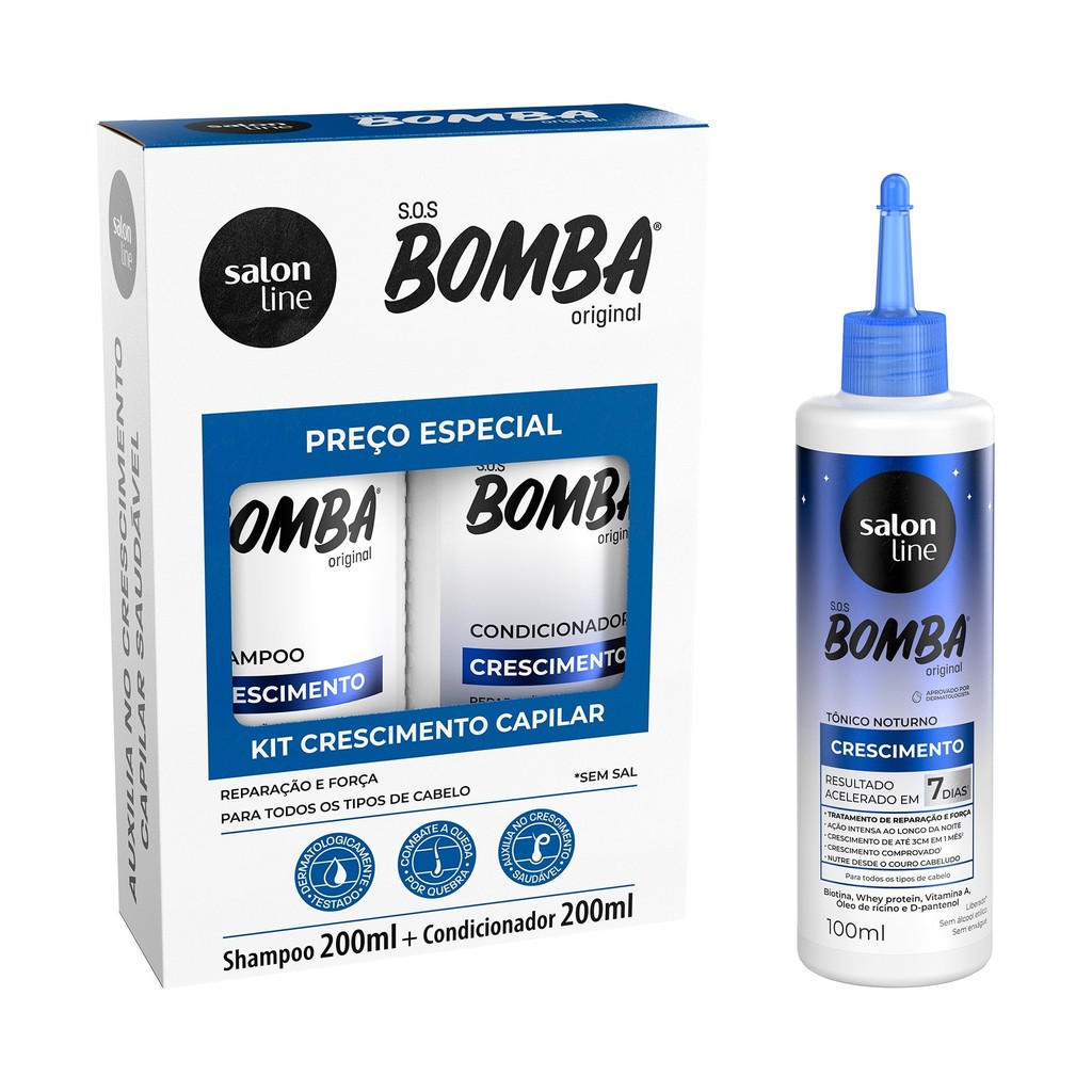 Kit shampoo e COndicionador 200ml + Tônico noturno SOS Bomba Crescimento - Beauty