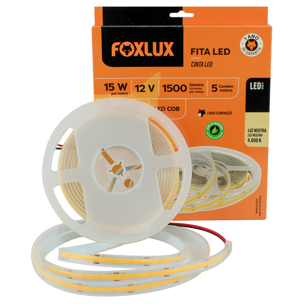 Fita LED Foxlux COB IP65 15W 4000K 12V 5M Branco Neutro Para Sancas, Móveis e Decoração