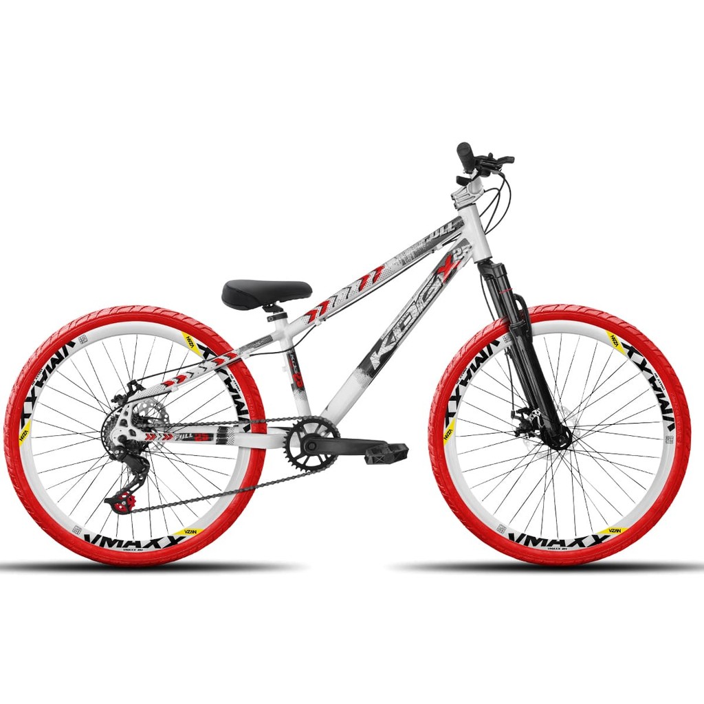 Bicicleta aro 26 KOG Freeride 1x7 Branco e Vermelho Vmaxx Branco - Pneus Vermelho - Mesa Curta Prata - Guidão Prata