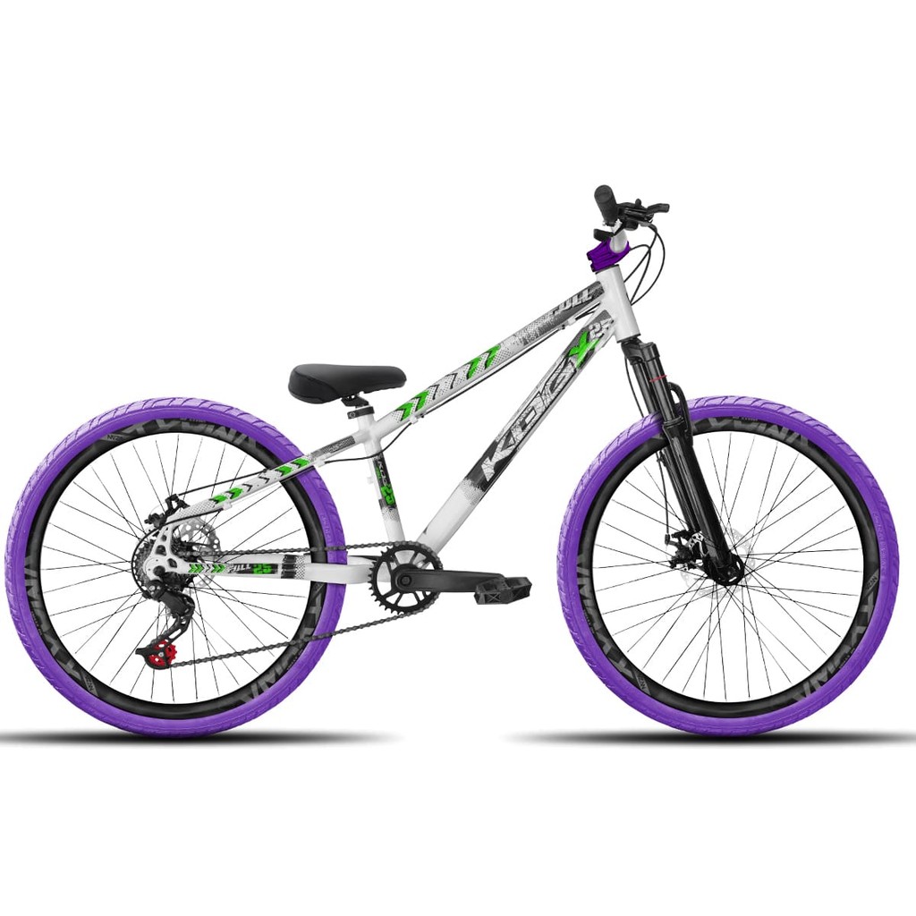 Bicicleta aro 26 KOG Freeride 1x7 Branco e Verde Vmaxx Preto Fosco - Pneus Roxo - Mesa Curta Roxo - Guidão Prata