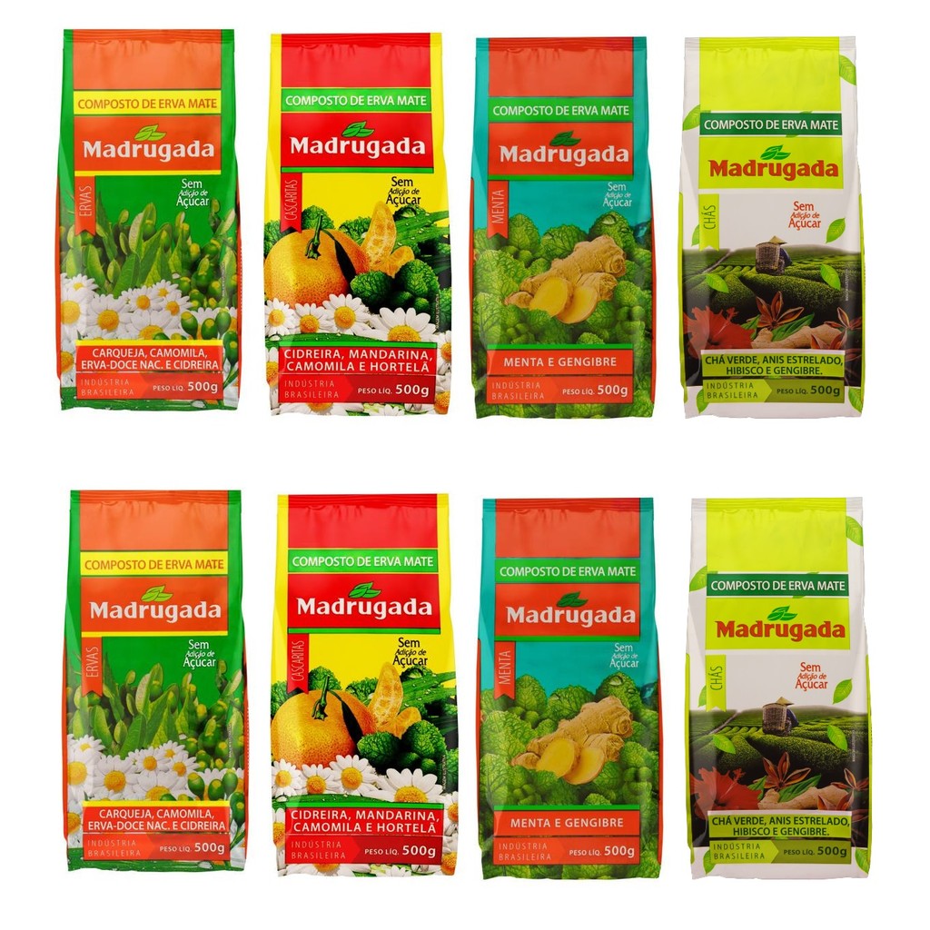 8 Erva mate Madrugada Composta Chá Verde Hibisco Cascaritas Menta e Gengibre Camomila Carqueja