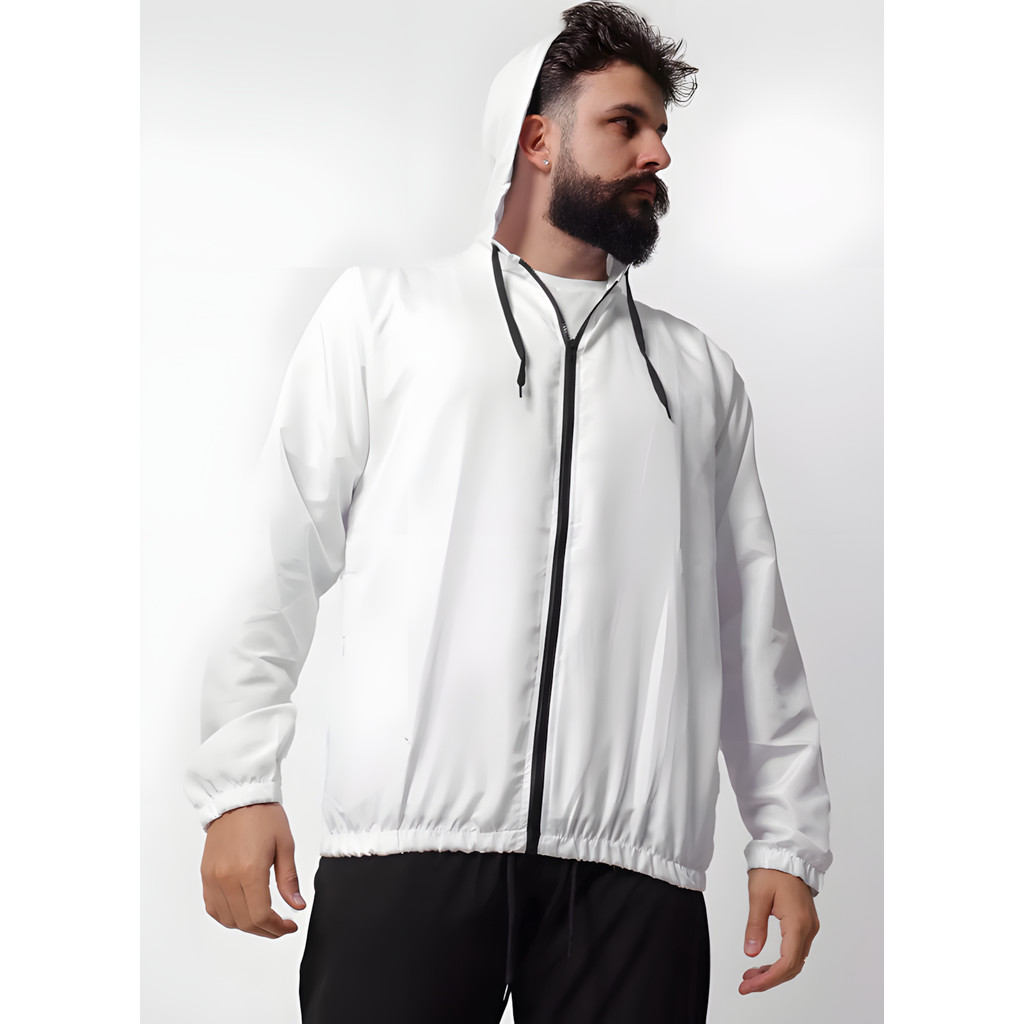 Corta Vento Jaqueta Masculino Lisa branco com Capuz e Bolso e ziper