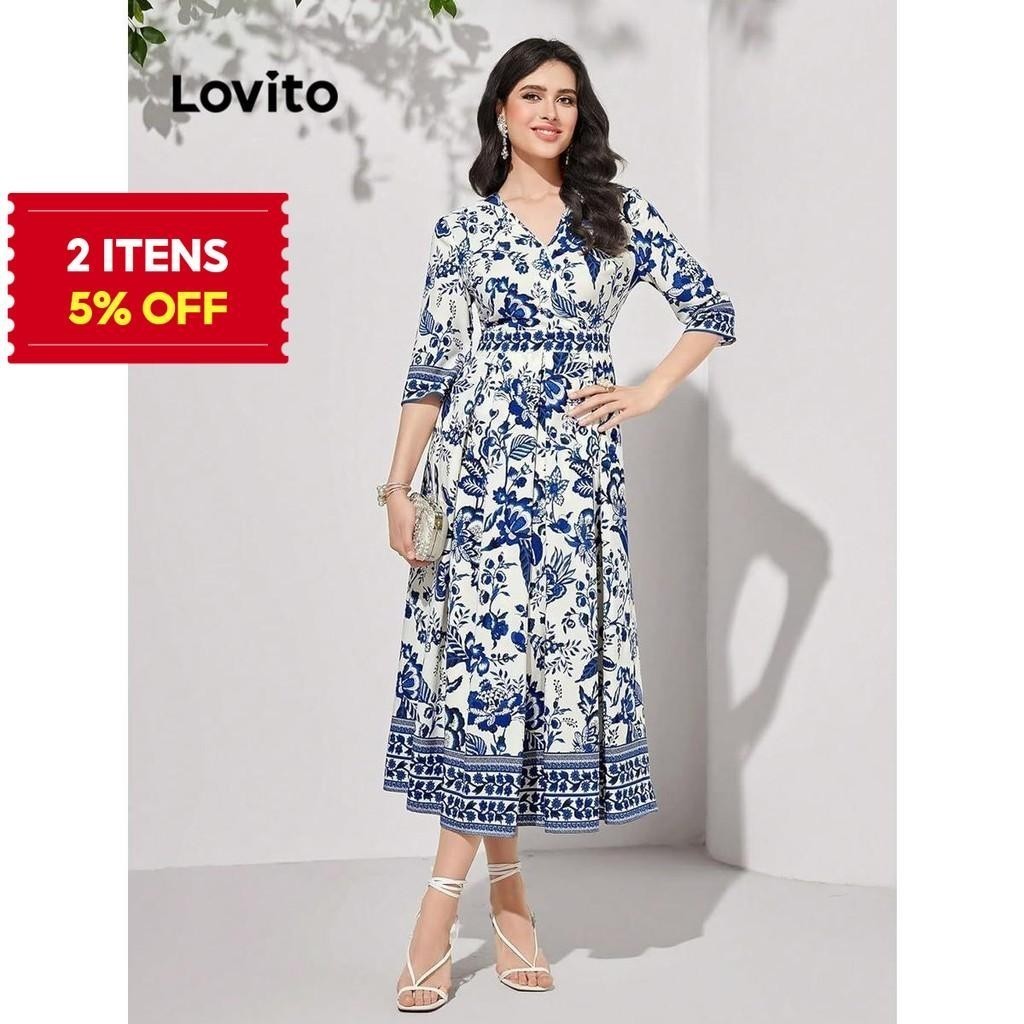 (Trendy) Lovito Vestido Elegante Com Estampa Floral Ditsy Para Mulheres LNL67129 em Oferta na Shopee