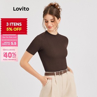 (Trendy) (Muitas cores)Lovito Camiseta Casual Lisa Com Colarinho Reto L30ED021 (Marrom) em Oferta na Shopee