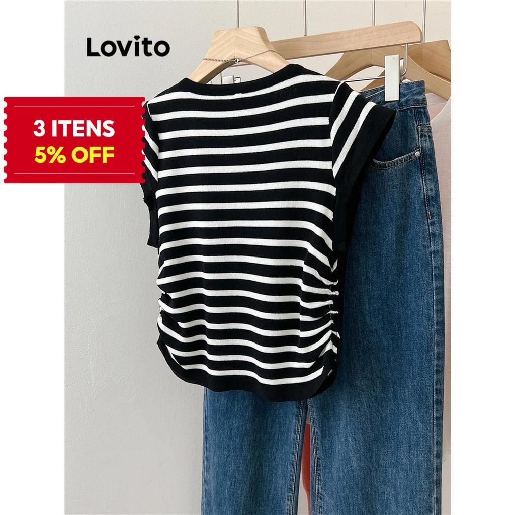 (Trendy) Lovito Camiseta Casual Listrada Franzida Para Mulheres LNE46342 - Women Clothes