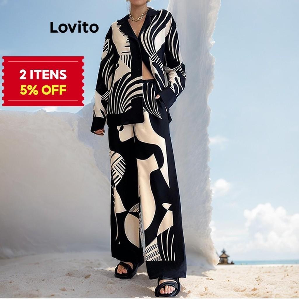 (Trendy) Lovito Conjuntos De Calças Casuais Conjuntos De Calças Com Botões Geométricos Para Mulheres LNL61330 em Oferta na Shopee