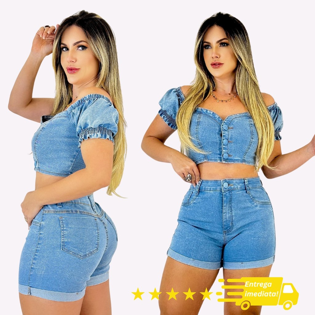 Conjunto Jeans Feminino De Cropped E Short Com 100% Algodão Moda Blusa Feminina Premium Lançamento