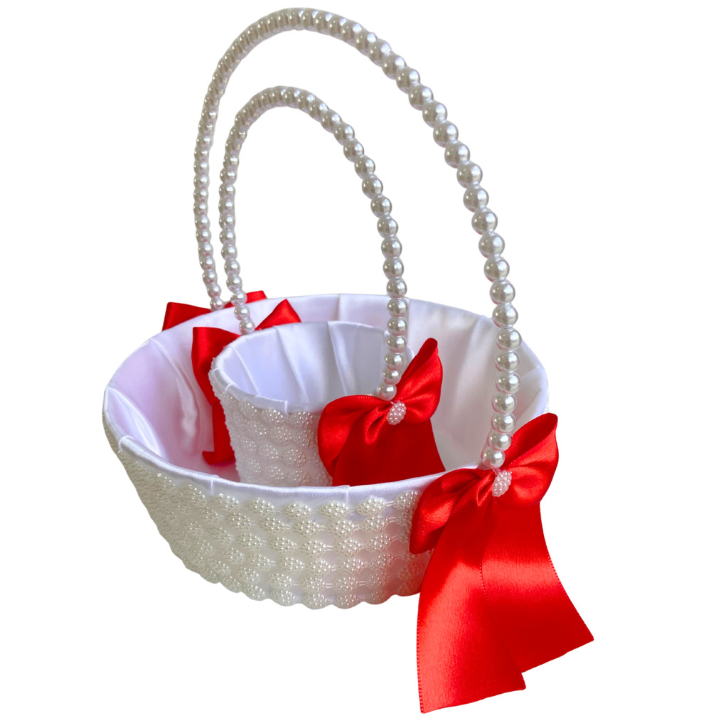 Cesta Daminha Florista + Cesta Alianças Vermelho Com Pérolas