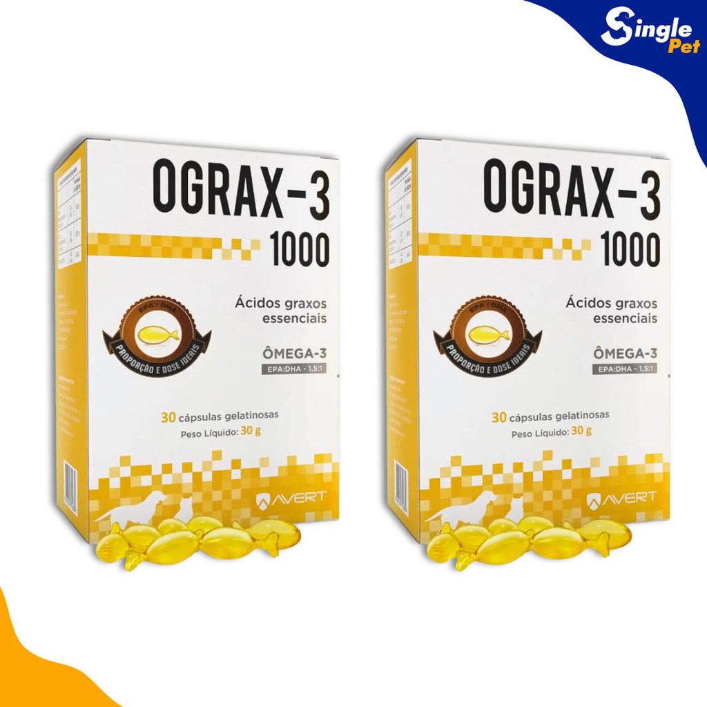 Avert Ograx-3 1000mg Suplemento Nutricional com Ômega 3 para Cães e Gatos 30 Cápsulas - Kit 2 Unidades