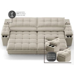 Sofá com Porta Copos e Carregador USB Ret Rec Luke 2,50m Veludocristal - NETSOFAS