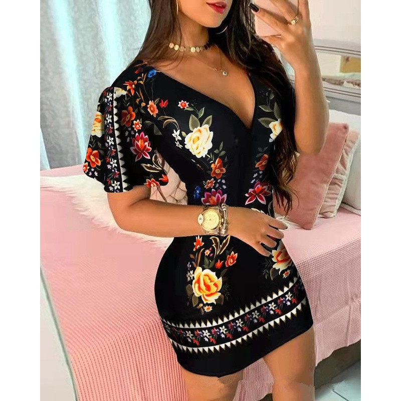 Vestido Mini Sexy Bodycon com Decote em V Moda Feminina Verão Estampa Floral Envolvente 2022 GHWM