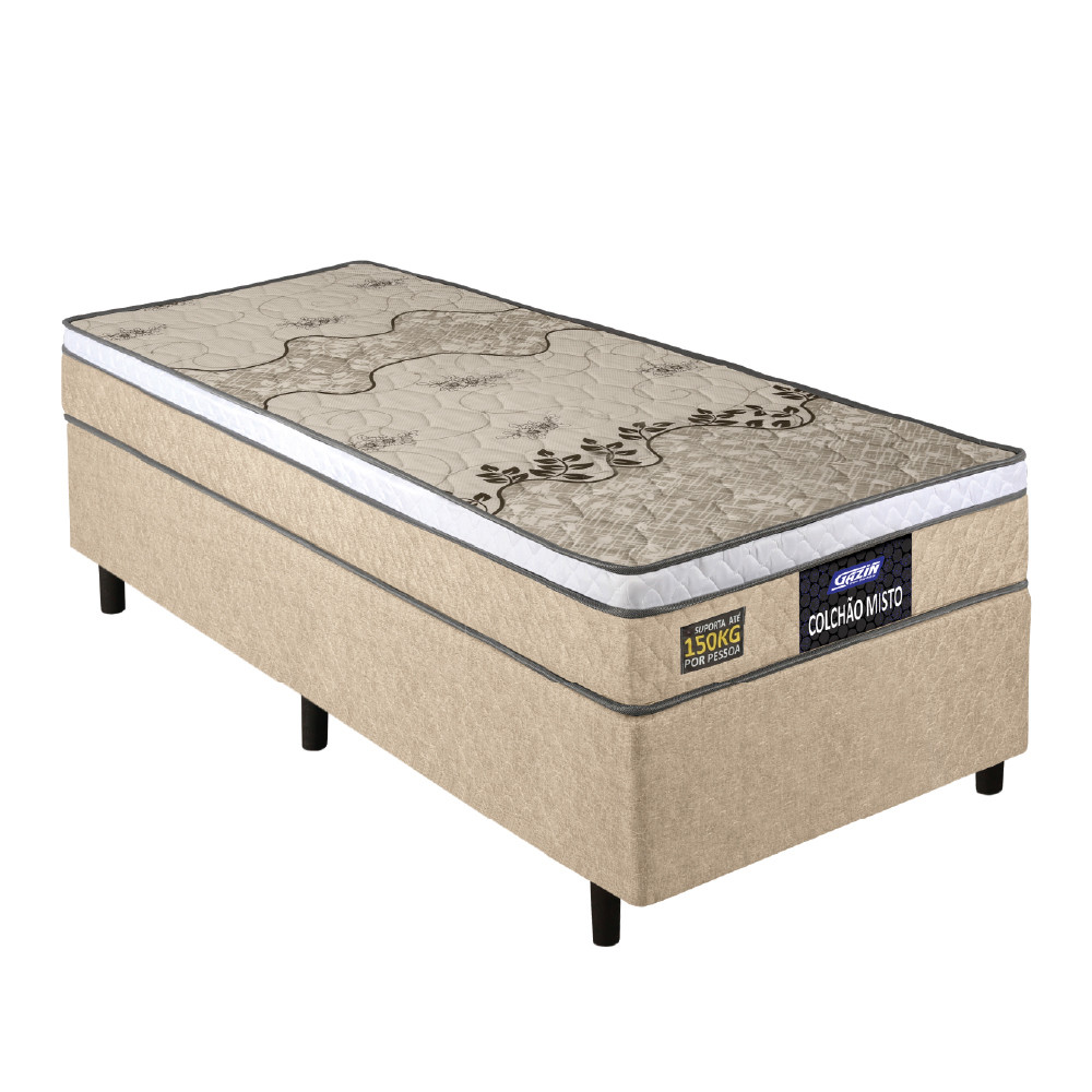 Cama Box Solteiro Colchão Espuma D33 Fort Gazin 88x188x59cm Bege/Branco-Suporta até 150kg por Pessoa