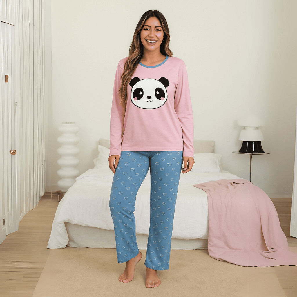 Pijama Feminino Inverno Quentinho Longo Panda Corações