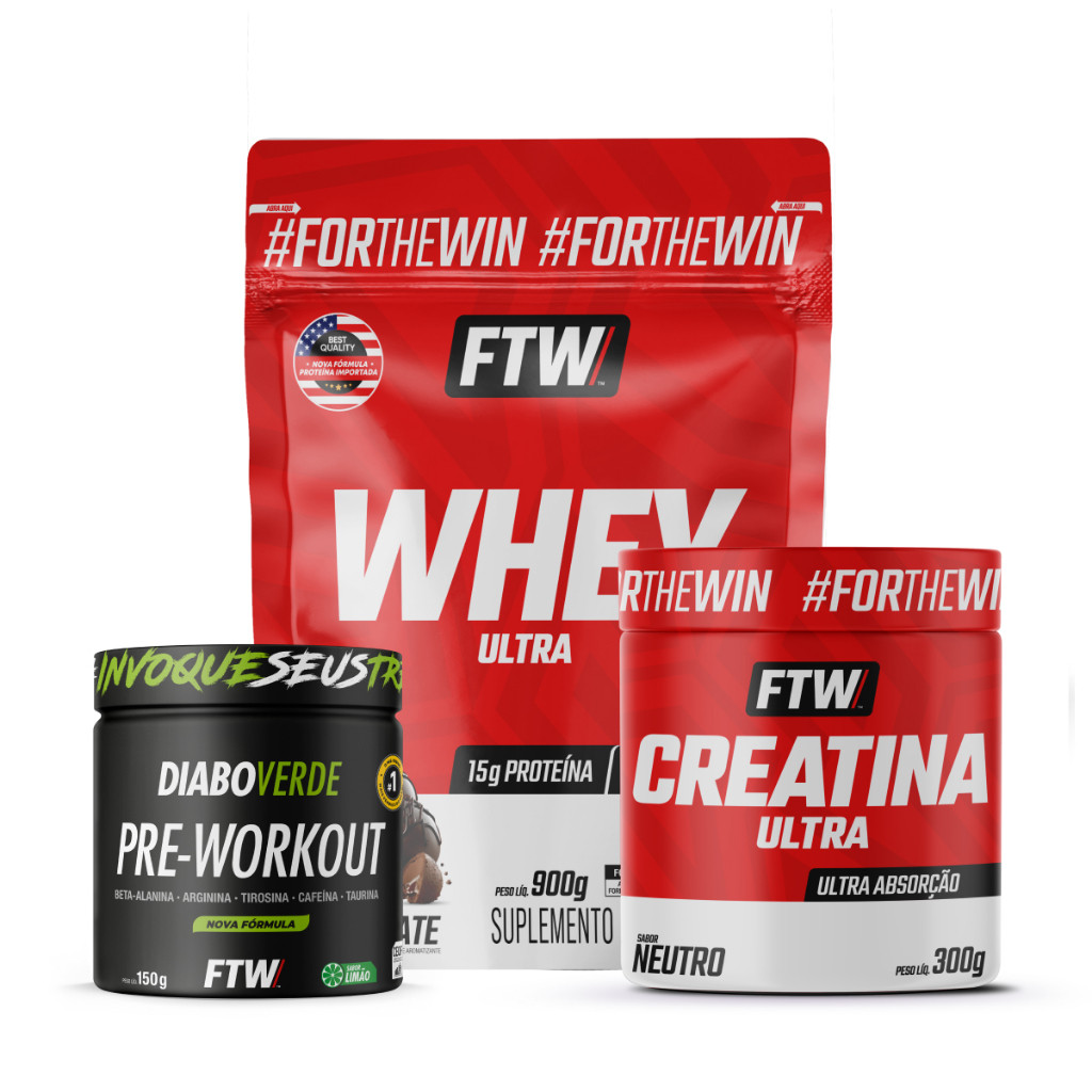 Kit Whey Ultra Chocolate 900g Refil + Creatina Ultra Pote 300g + Pré-treino Diabo Verde 150g - FTW