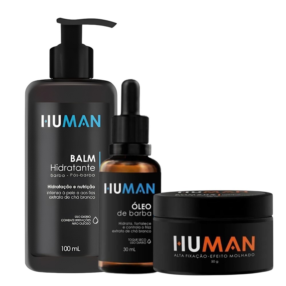 Kit Balm Pós-Barba  Óleo para Barba e Pomada Modeladora Efeito Molhado Brilho Forte Human