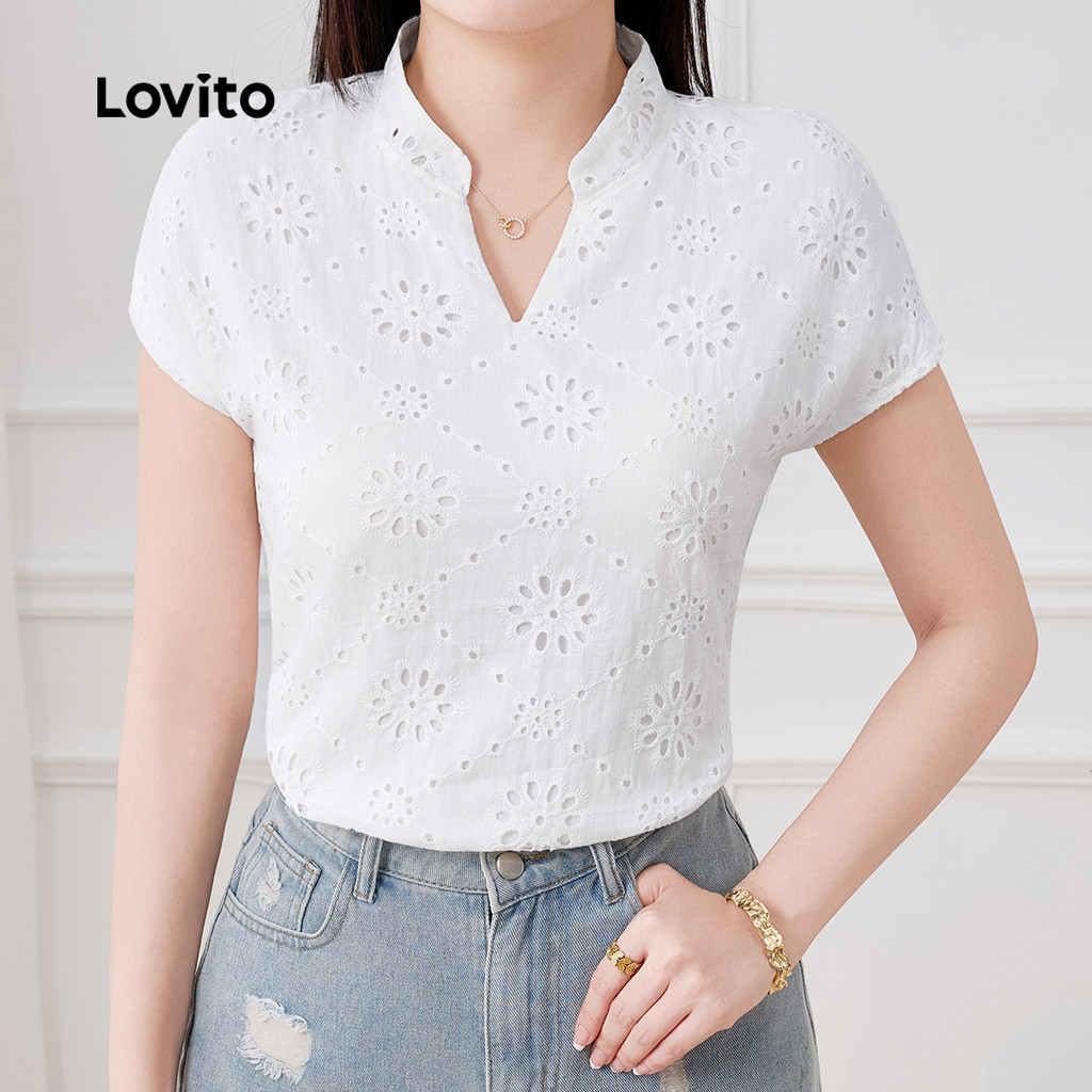 Lovito Blusa Casual de Renda com Olhetas para Primavera/verão para Mulheres L143ED038 em Oferta na Shopee