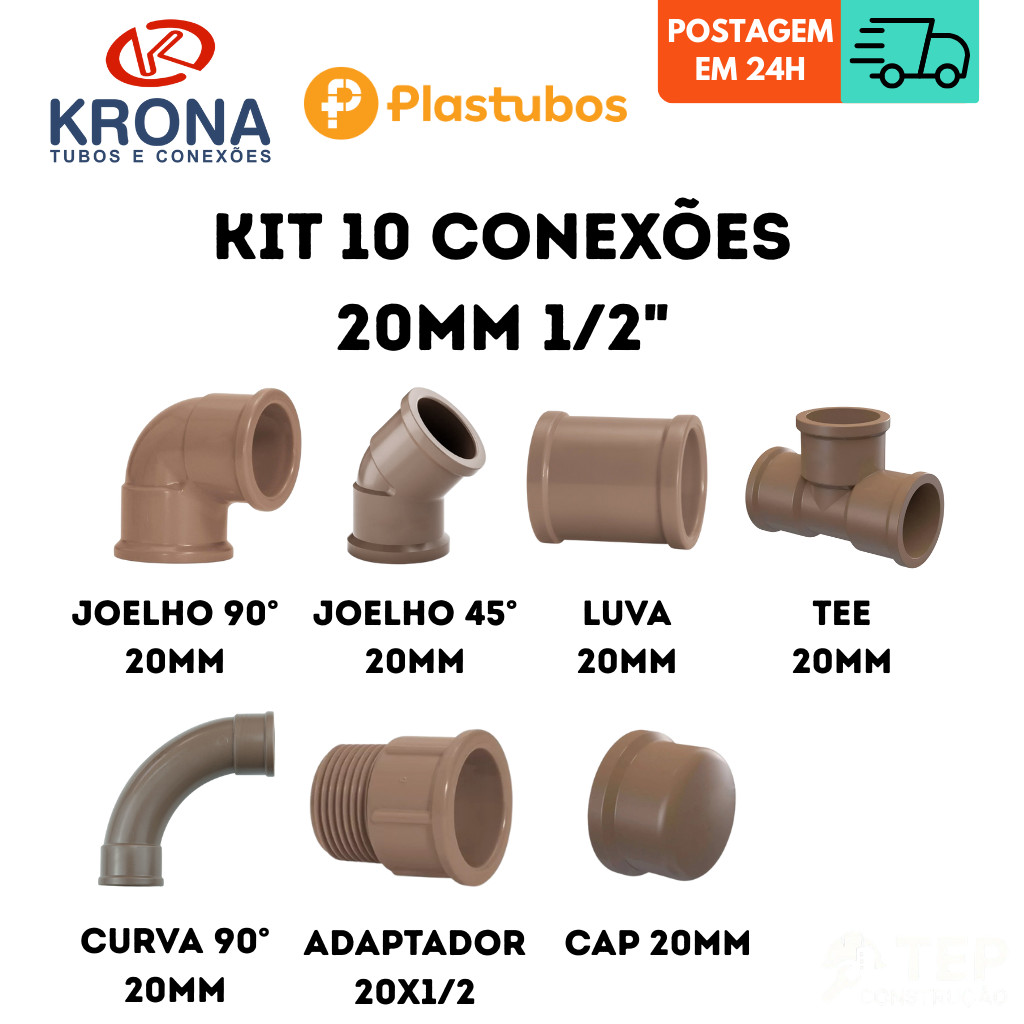 Conexão PVC peças 20MM 1/2" Marrom Joelho 45° 90° Curva Te Luva Adaptador Cap