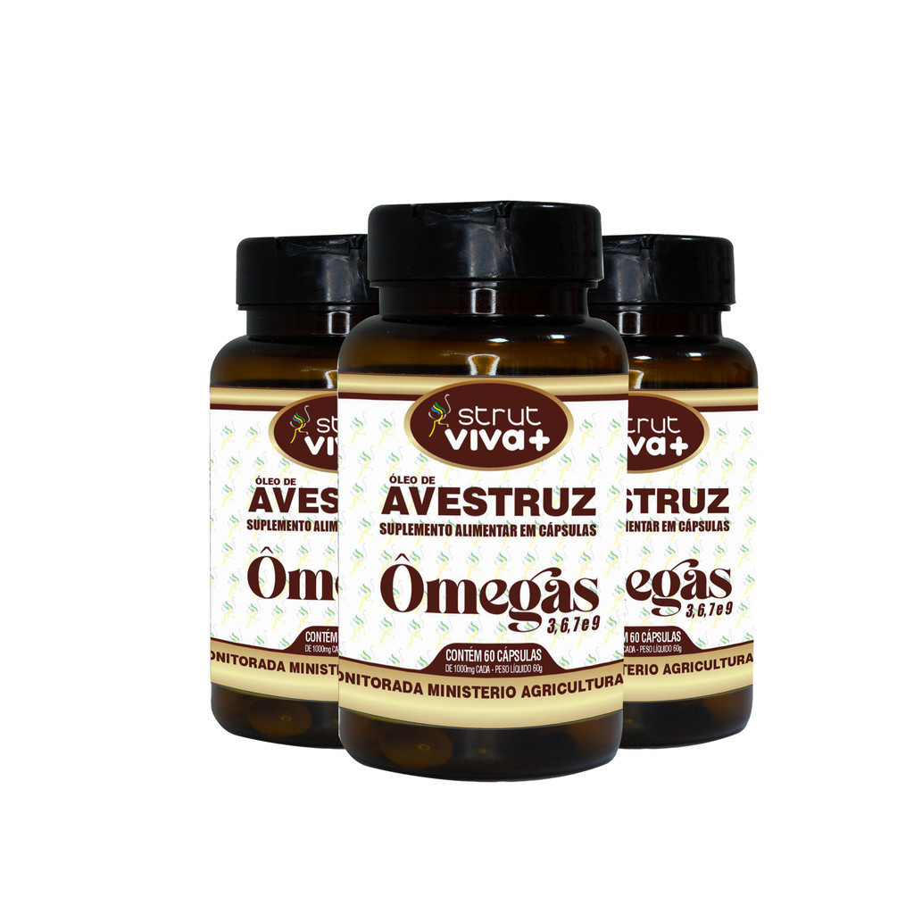 3X OLEO DE AVESTRUZ 60CAPS 1.000MG  STRUT OMEGA 3 6 7 9
