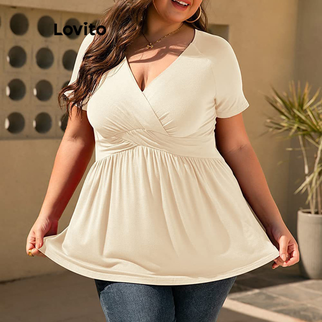 Lovito Camisetas femininas casuais plus size Curze com drapeado liso LNE58133