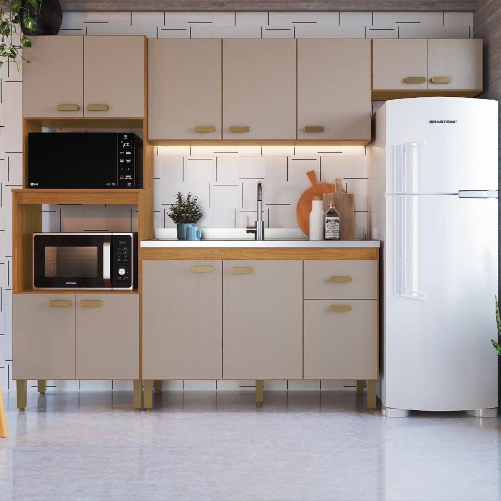 Cozinha Modulada Compacta Fidelitá Mariana 4 Peças 245cm 12 Portas 1 Gaveta Sem Tampo Frei...