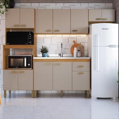 Cozinha Modulada Compacta Fidelitá Mariana 4 Peças 245cm 12 Portas 1 Gaveta Sem Tampo Freijó/Camurça