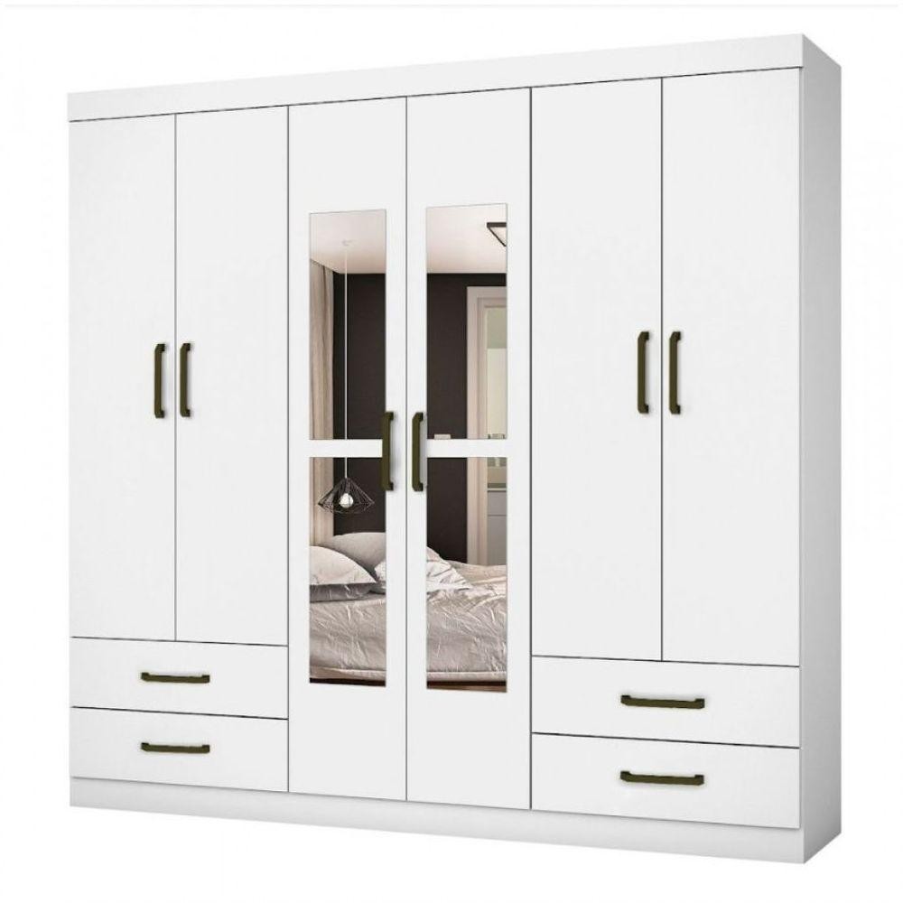 Guarda Roupa Casal Lu 6 Portas 4 Gavetas Com Espelho Branco