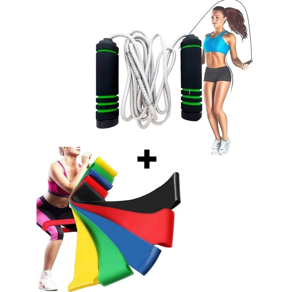 Kit 5 Faixa Elástico de Treino Mini Band Multifuncional + Corda de Pular (GA200)Crossfit com Rolamento Exercícios em Casa -BUSCABUSCABR