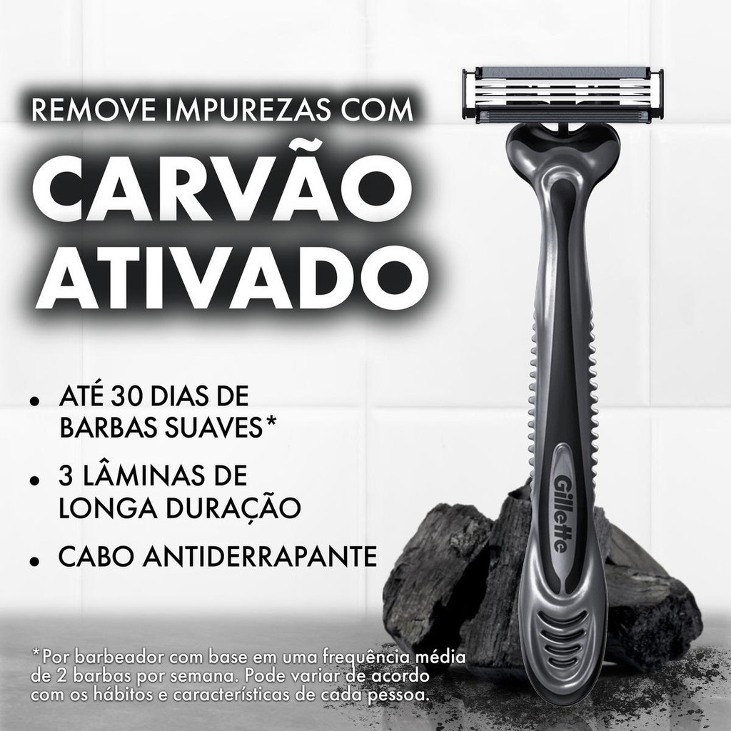Detalhes do Aparelho de Barbear Descartavel Gillette 3 Carvão ativado 8un