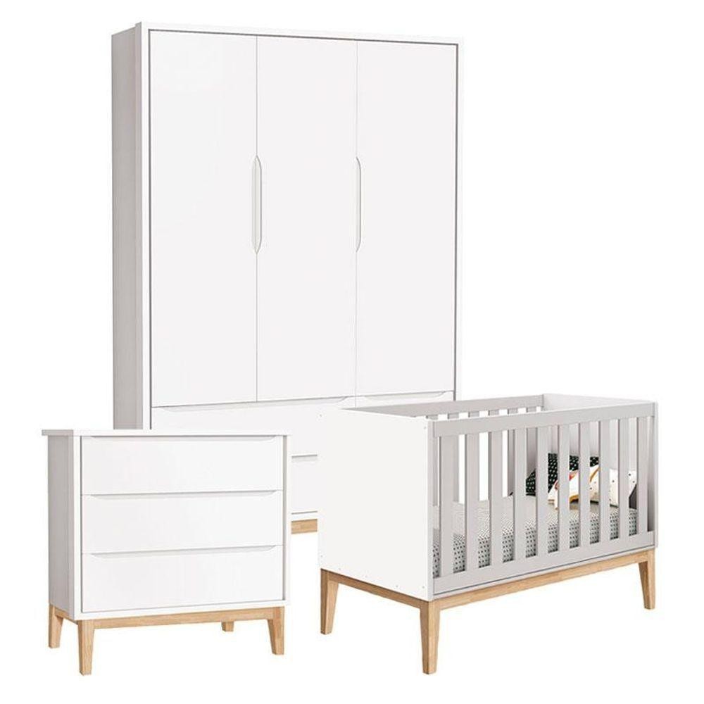Quarto De Bebê Classic 3 Portas Cômoda Gaveteiro Branco Com Pés Madeira Natural - Reller em Oferta na Shopee